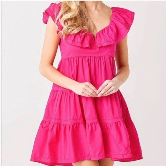 SAYLOR Dresses & Skirts - SAYLOR Hot Pink Ruffle Tiered Mini Dress